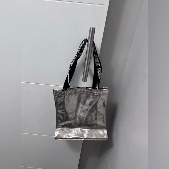PINK Victoria's Secret Silver Logo SMALL Metallic Bag Tote Pockets Canvas VS - Picture 3 of 3